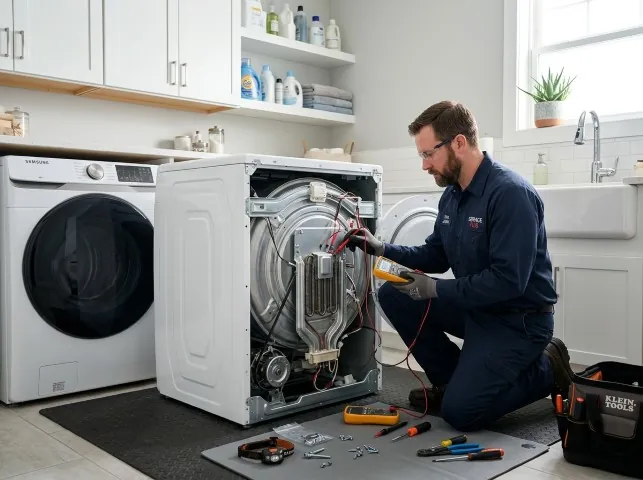 Appliance Repair Hero technician checking a dryer heating element with the rear panel off in Briggsdale, CO
