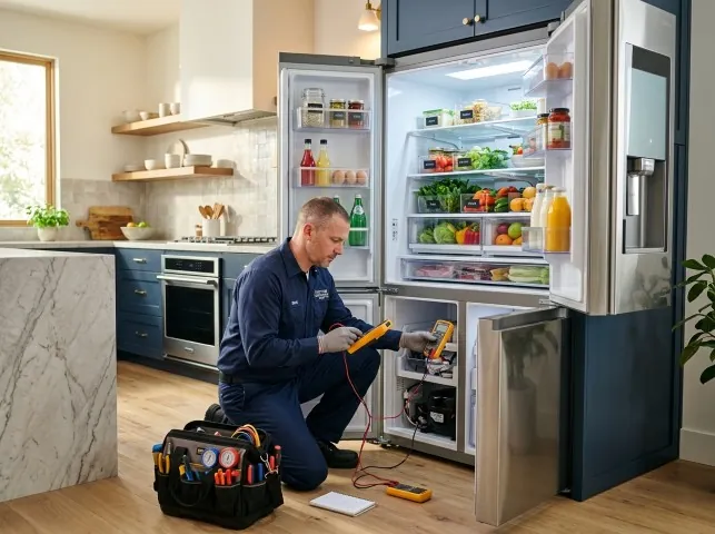 Appliance Repair Hero refrigerator technician testing a fridge on a Briggsdale, CO service call