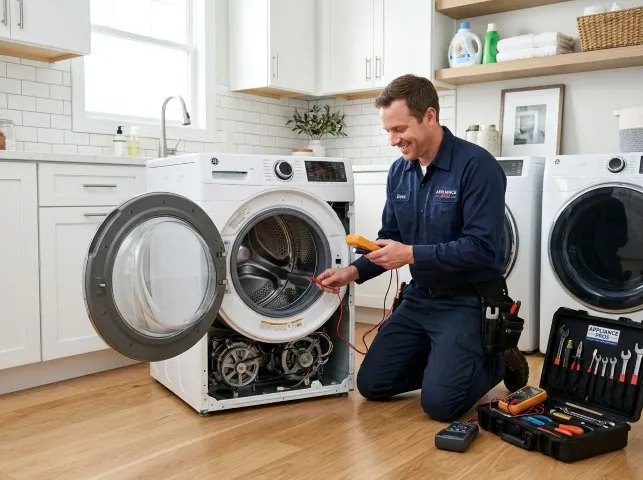Appliance Repair Hero technician testing a front-load washer with a multimeter on a Briggsdale, CO service call